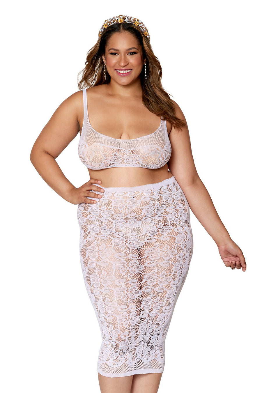 Ensemble 2 pièces grande taille, brassière résille fantaisie et jupe longue assorti – Dreamgirl | Voyage Sensuel