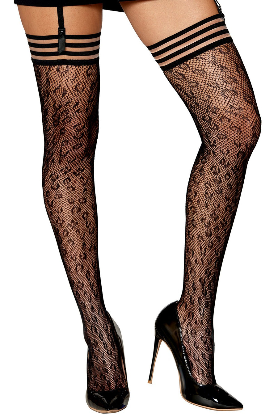 Bas résille dessin léopard avec jarretières noires/transparentes – Dreamgirl | Voyage Sensuel
