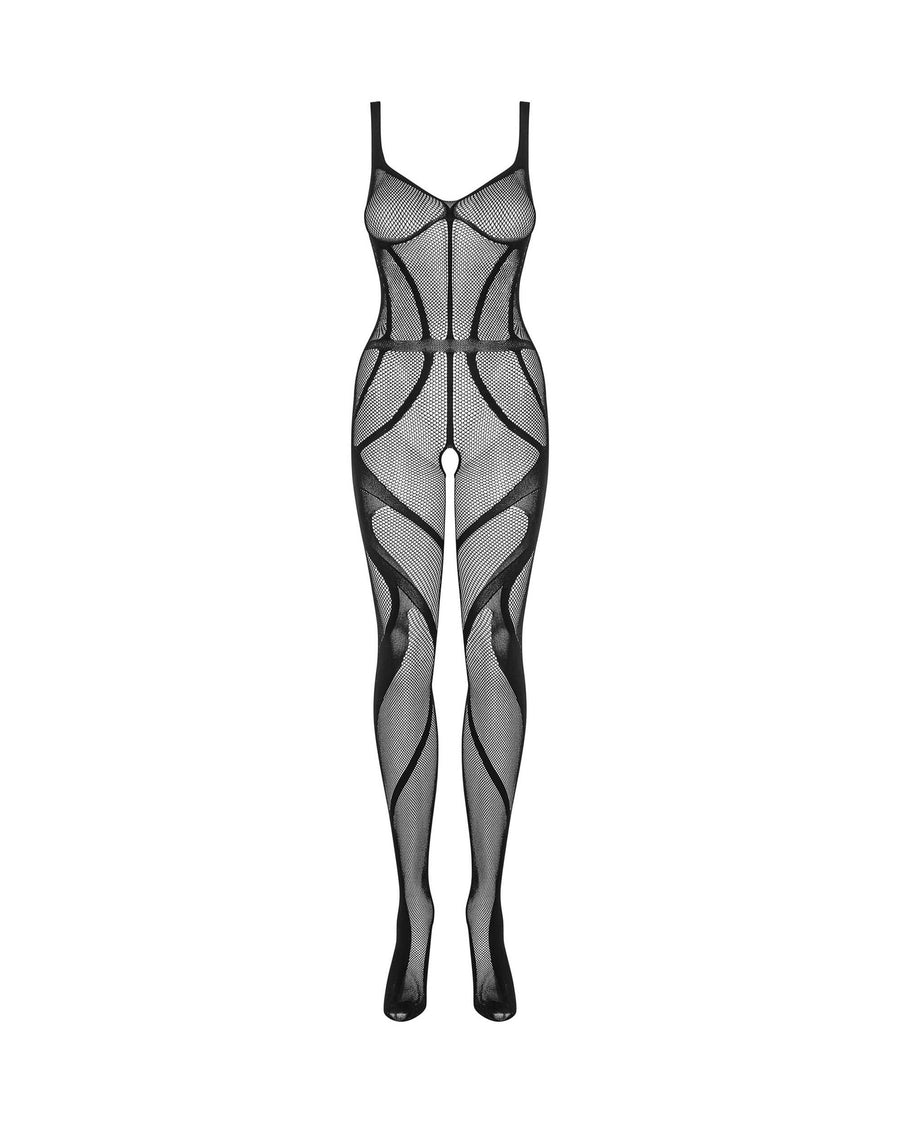 Mia - Bodystocking résille ouvert col rond noir | Voyage Sensuel