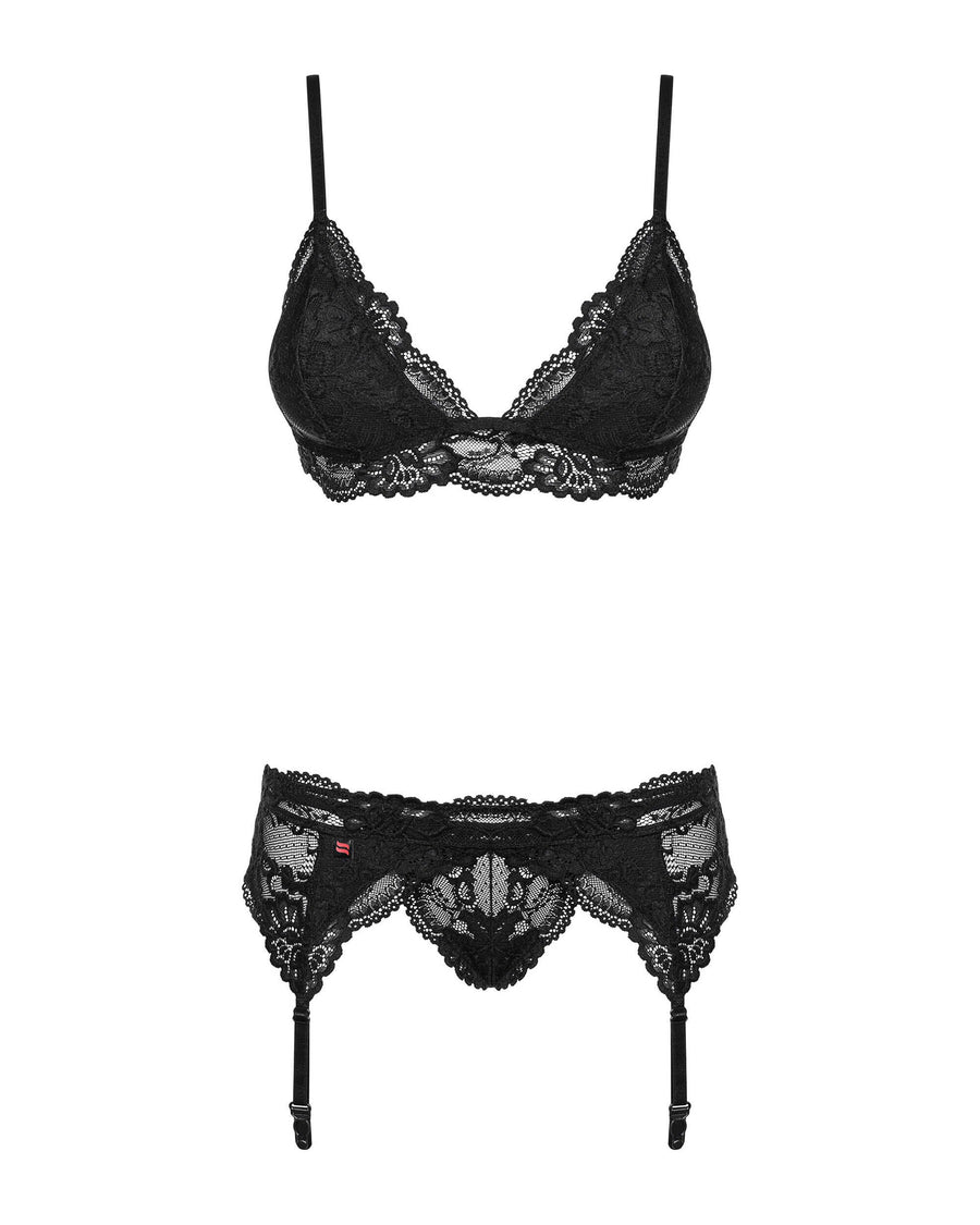 Valentina - Ensemble lingerie 3 pièces dentelle noir | Voyage Sensuel