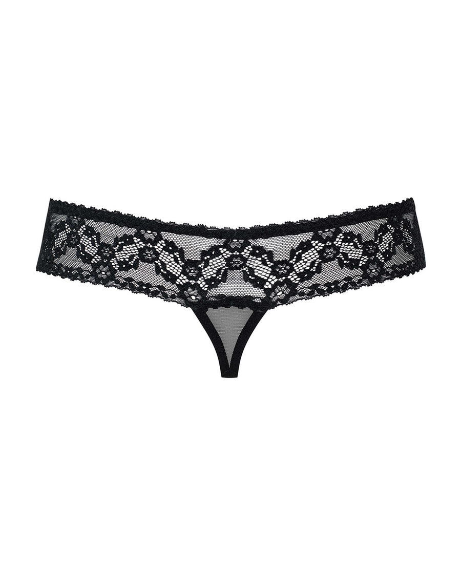 Inès - String ouvert dentelle échancré noir | Voyage Sensuel