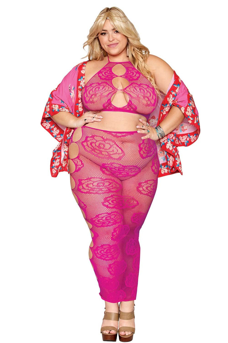 Ensemble Soutien-gorge et jupe longue en filet rose, grande taille – Dreamgirl | Voyage Sensuel