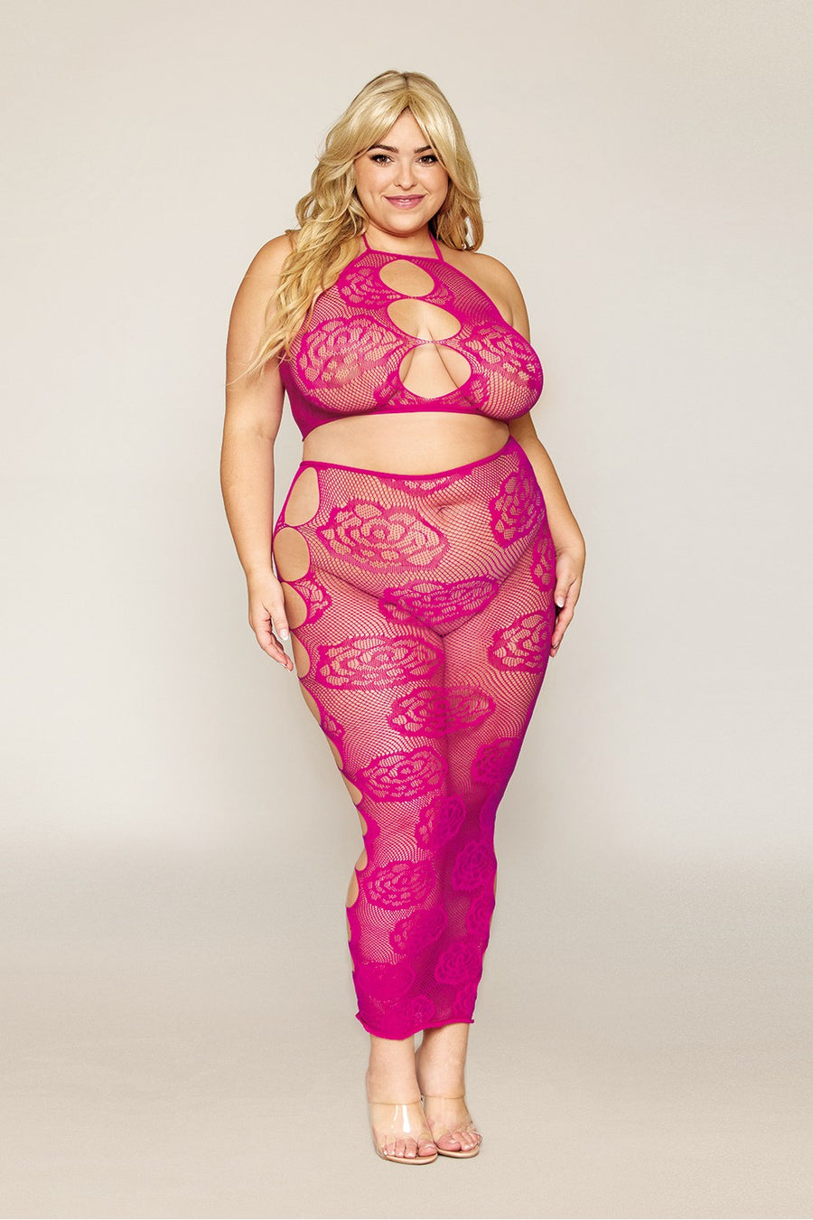 Ensemble Soutien-gorge et jupe longue en filet rose, grande taille – Dreamgirl | Voyage Sensuel