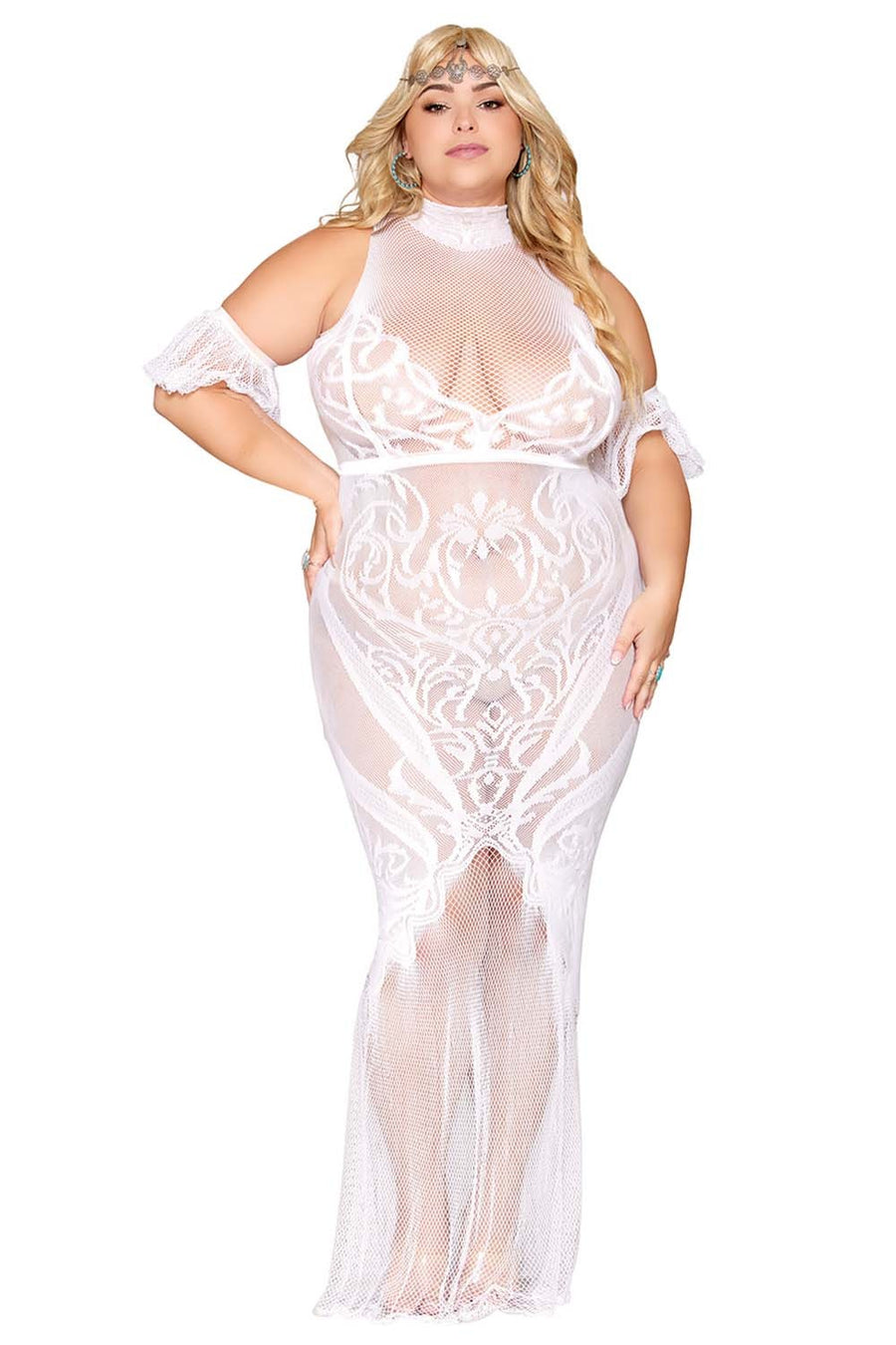 Robe bodystocking, grande taille, en résille t dentelle blanche – Dreamgirl | Voyage Sensuel