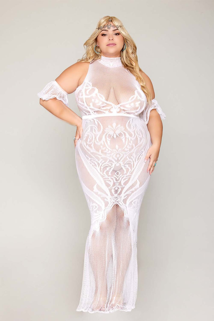 Robe bodystocking, grande taille, en résille t dentelle blanche – Dreamgirl | Voyage Sensuel
