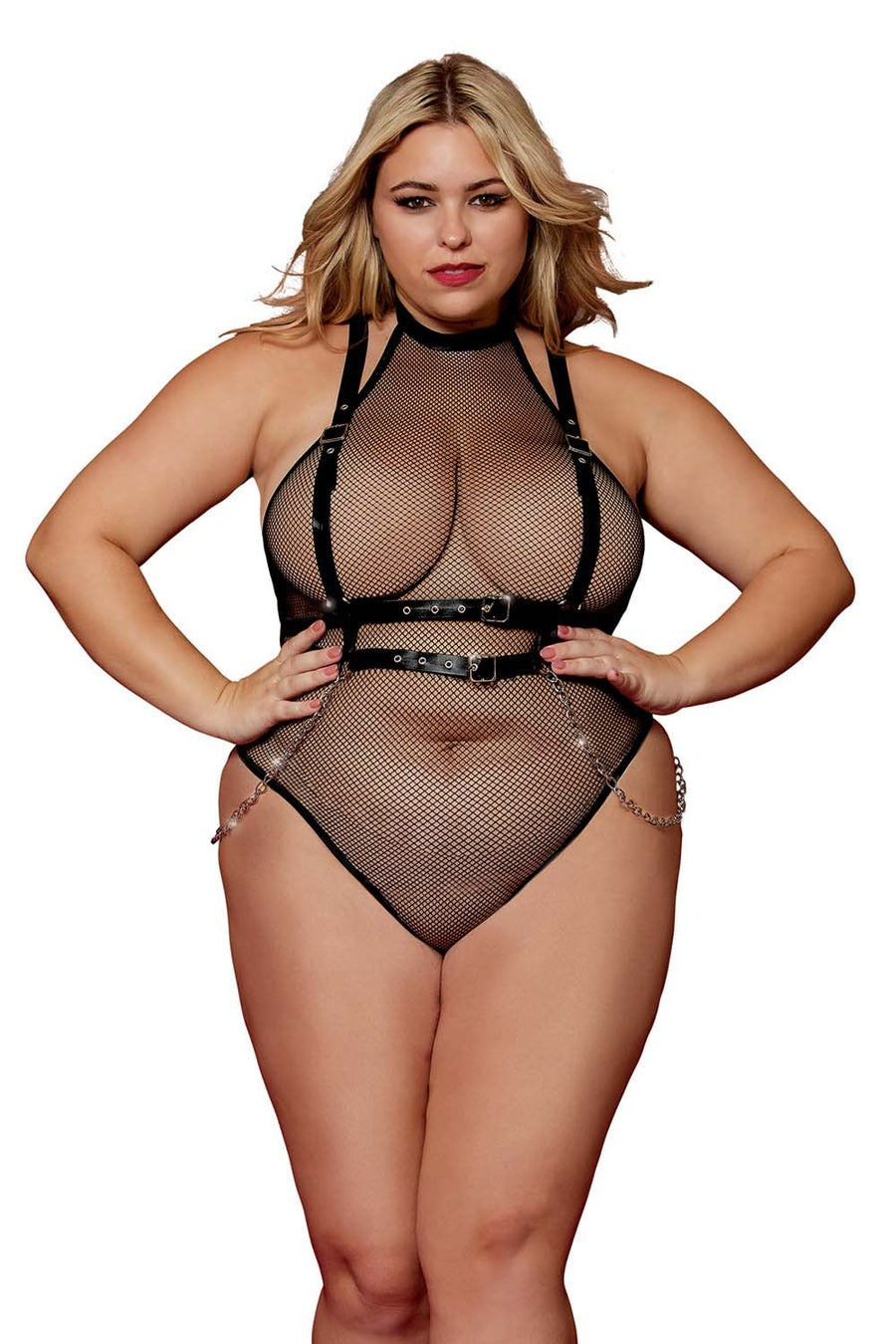 Body en résille, grande taille, avec Harnais simili cuir et chaines – Dreamgirl | Voyage Sensuel