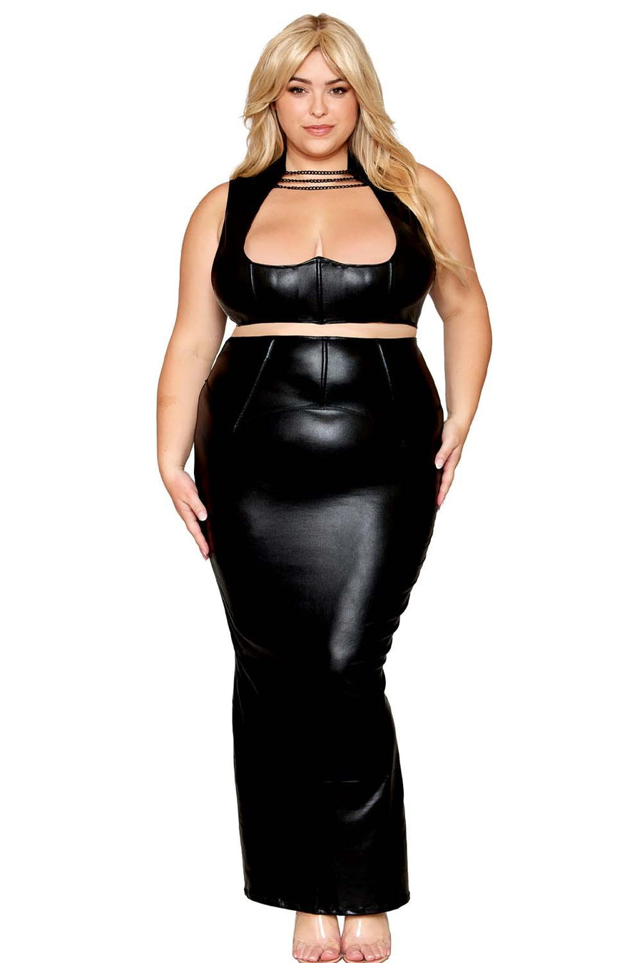 Ensemble Soutien-gorge et jupe longue, grande taille, noir en simili cuir – Dreamgirl | Voyage Sensuel