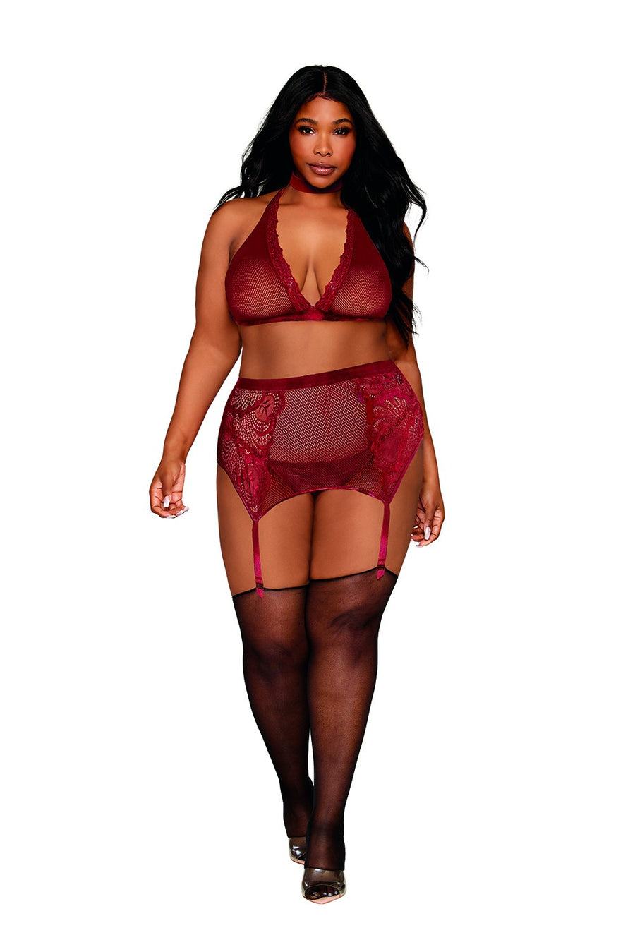 Ensemble 4 pièces grande taille soutien gorge, tour de cou, string et porte jarretelles rouge – Dreamgirl | Voyage Sensuel
