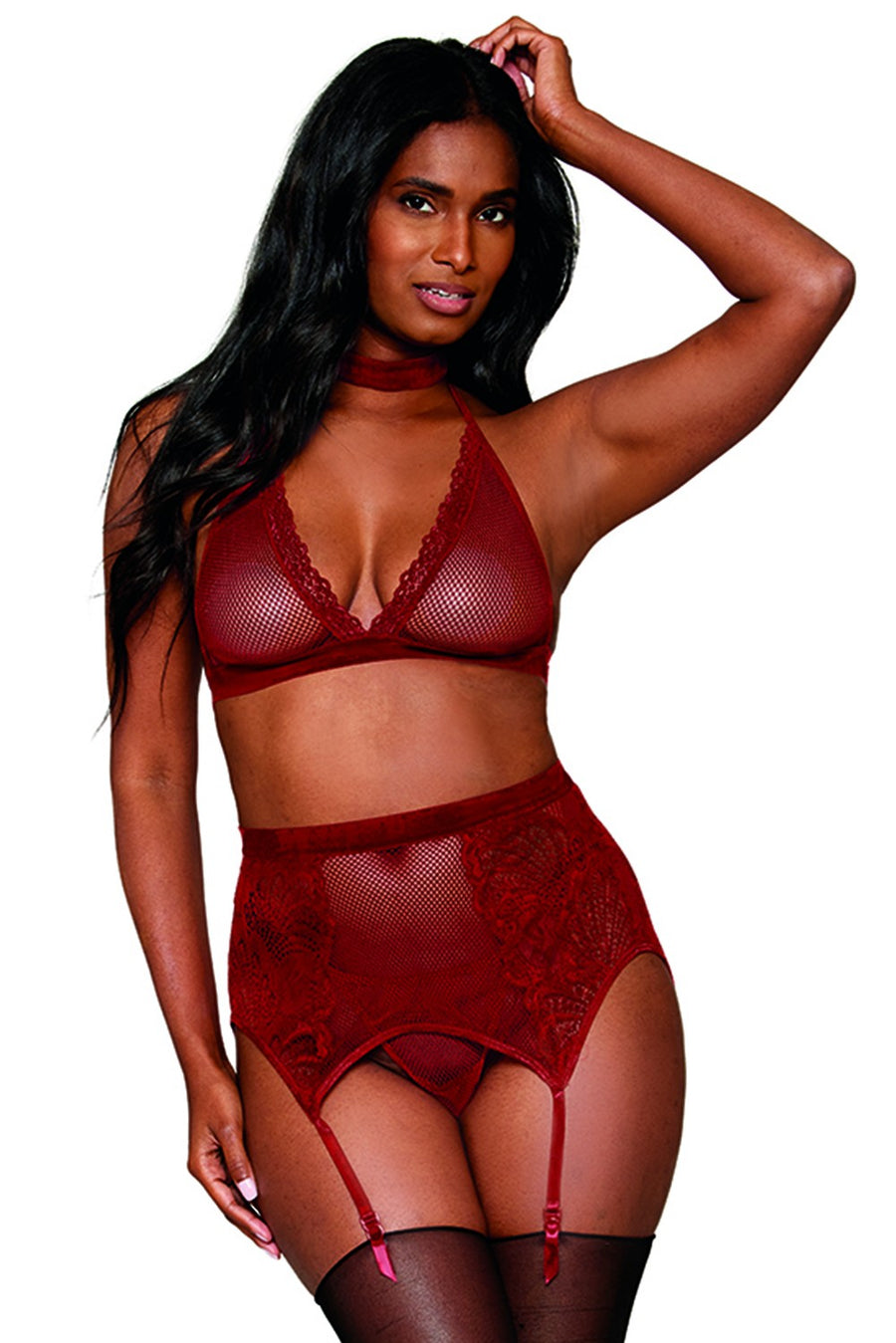 Ensemble 4 pièces soutien gorge, tour de cou, string et porte jarretelles rouge – Dreamgirl | Voyage Sensuel