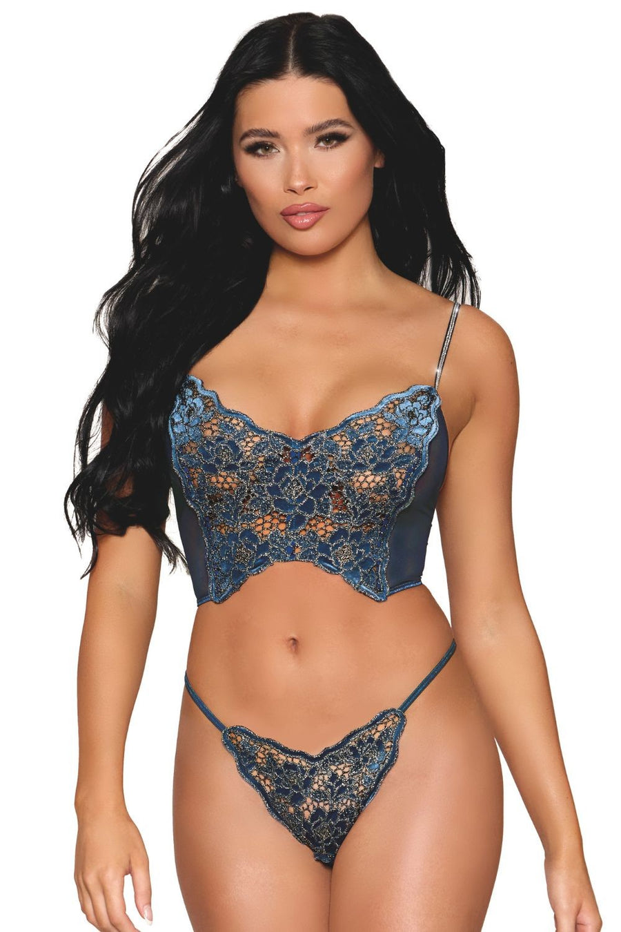Bustier dentelle florale et résille avec strass et string assorti – Dreamgirl | Voyage Sensuel