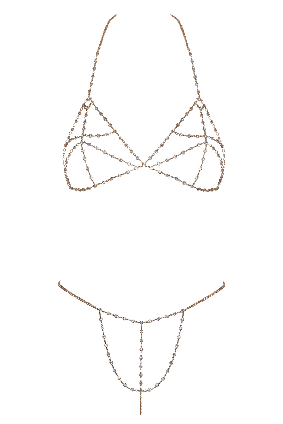Soutien-gorge et string bijoux en chaînettes dorées et strass irisés – Cotelli Lingerie | Voyage Sensuel