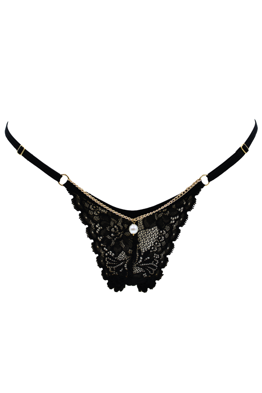 String noir en dentelle avec bijou et chaîne dorée – Be Lily Panties | Voyage Sensuel