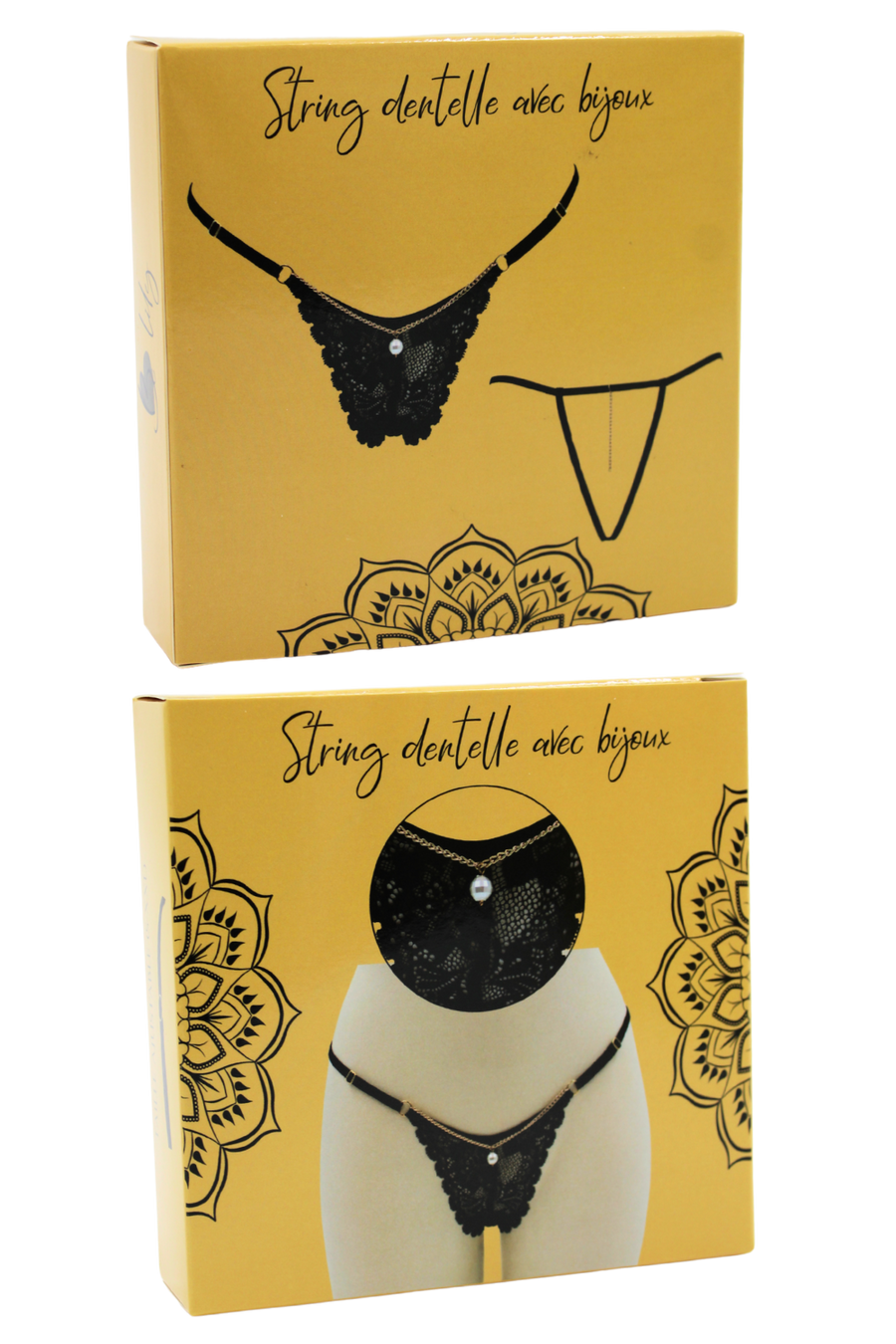 String noir en dentelle avec bijou et chaîne dorée – Be Lily Panties | Voyage Sensuel