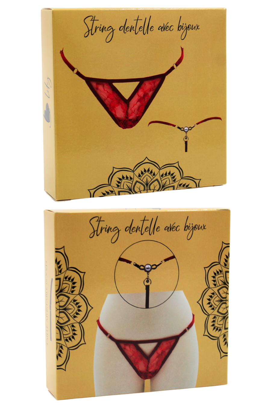 String rouge avec bijou perle & strass dorés – Be Lily Panties | Voyage Sensuel