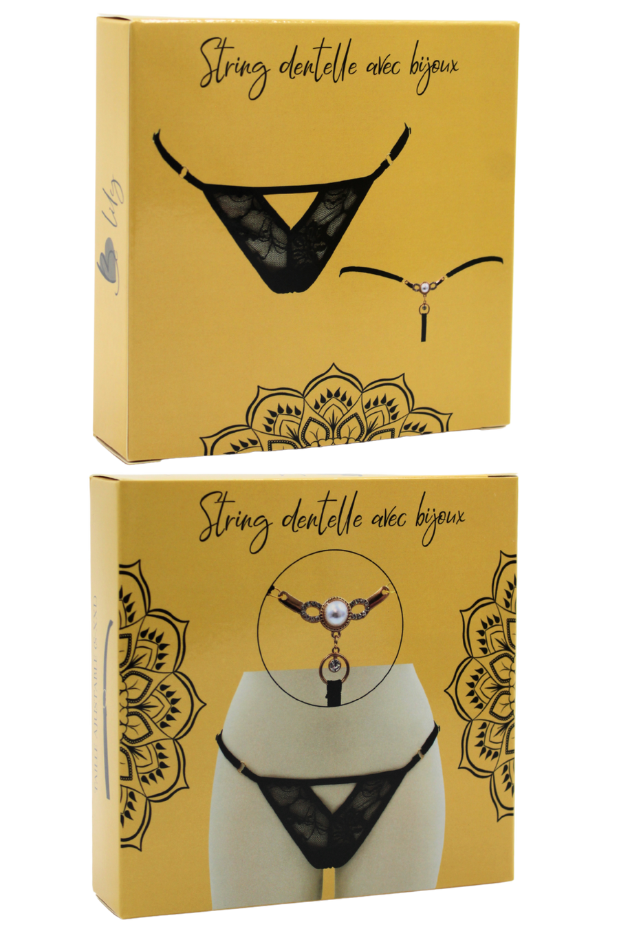 String noir avec bijou perle & strass dorés – Be Lily Panties | Voyage Sensuel