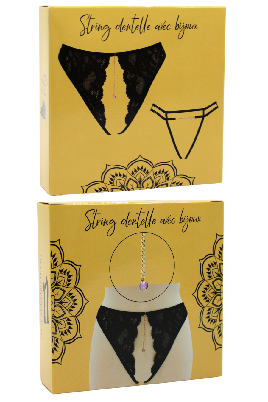 String noir avec bijou couleur aléatoire et chaîne dorée – Be Lily Panties | Voyage Sensuel