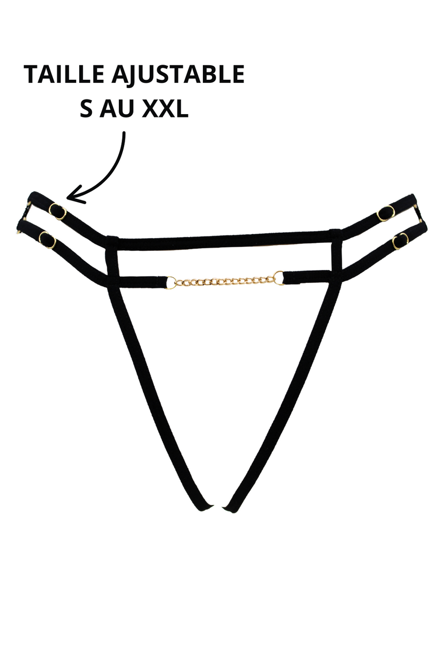 String noir avec bijou couleur aléatoire et chaîne dorée – Be Lily Panties | Voyage Sensuel