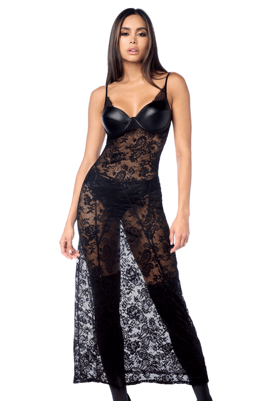 Robe longue sexy en dentelle cuir avec string et porte-jarretelles | Voyage Sensuel