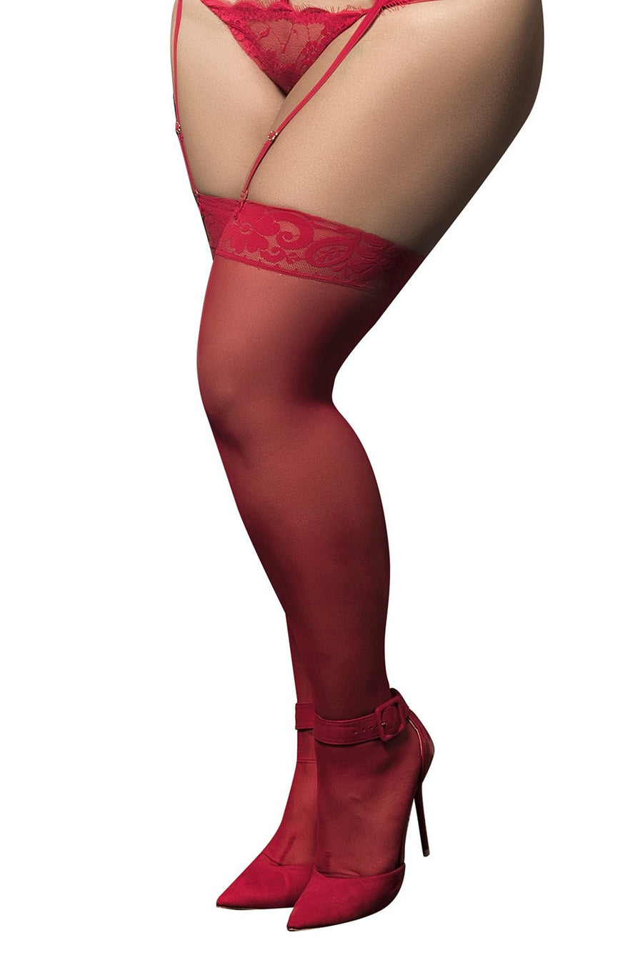 Bas nylon rouges autofixants, grande taille, jarretières dentelle | Voyage Sensuel
