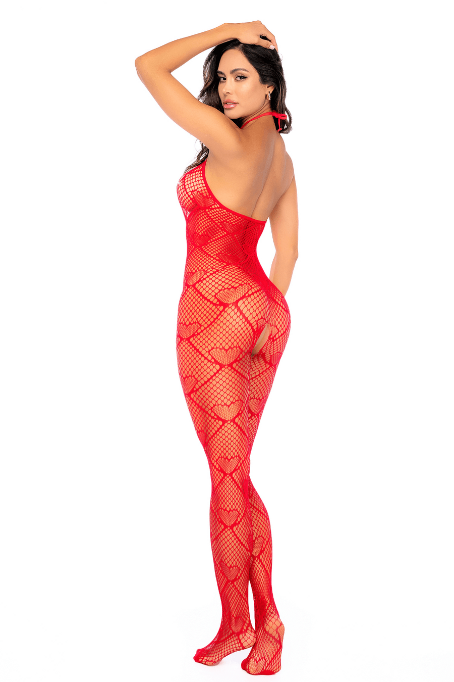 Bodystocking en résille rouge à motif cœur, orné de strass, ouvert à l’entrejambe - Mapalé | Voyage Sensuel