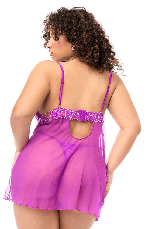 Babydoll grande taille en résille brodée florale et string