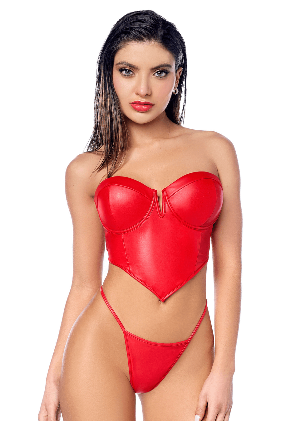 Ensemble 2 pièces en similicuir rouge lisse | Voyage Sensuel