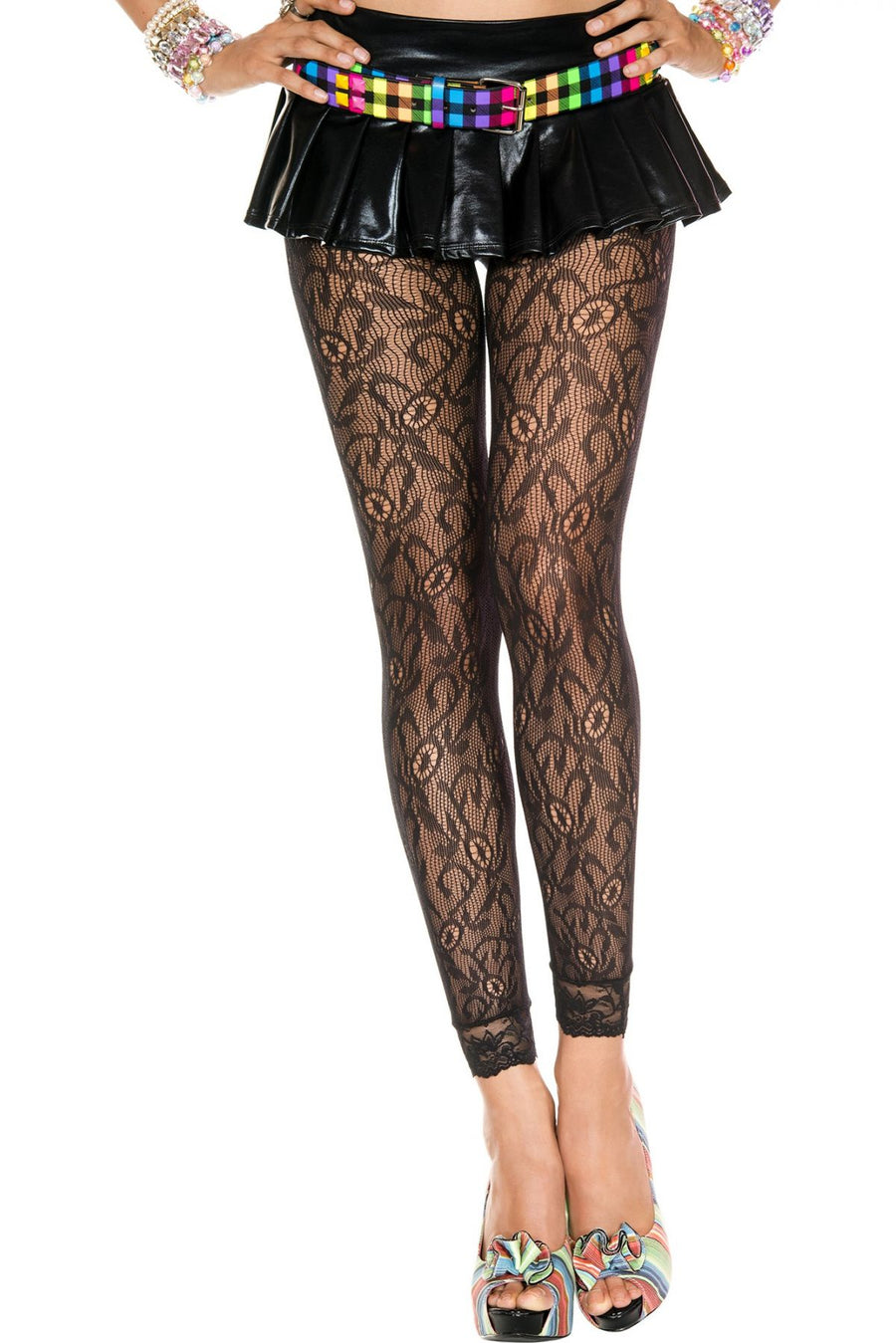 Legging fin noir résille et dentelle motif floral – Music Legs | Voyage Sensuel