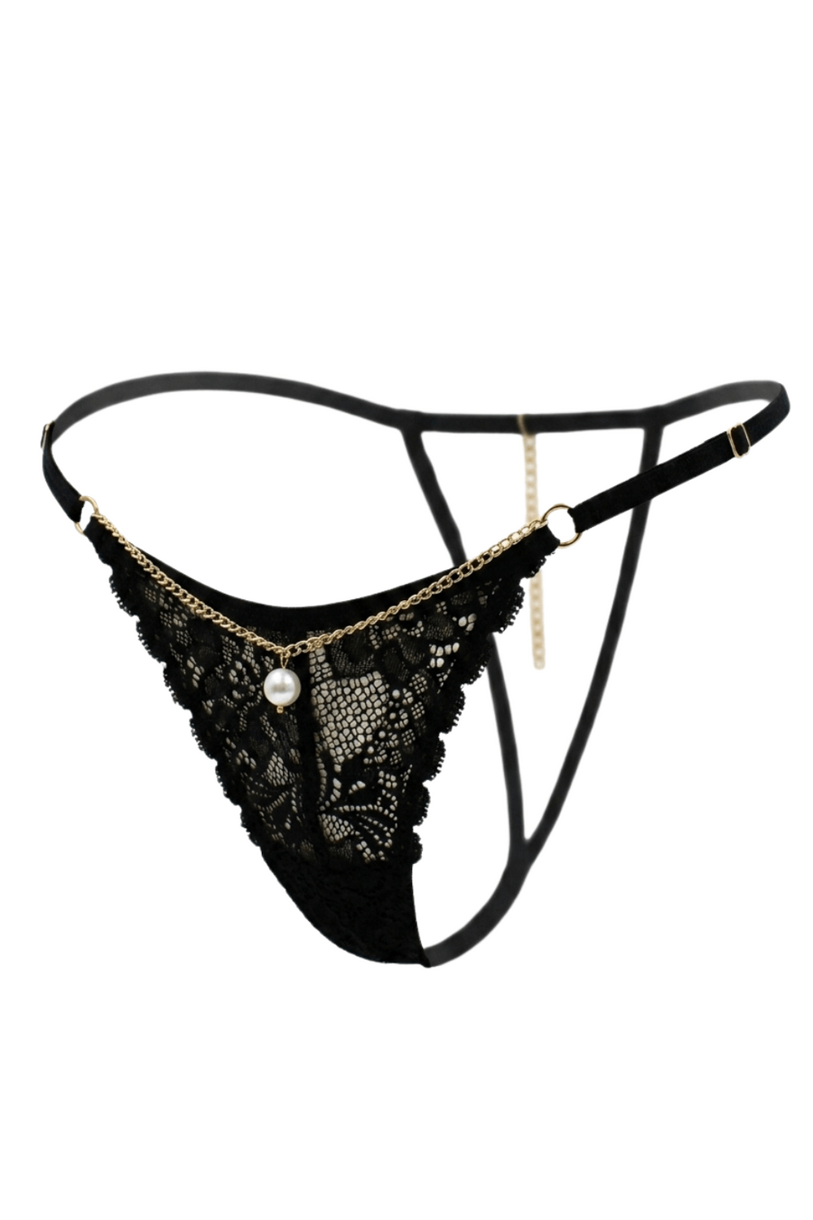 String noir en dentelle avec bijou et chaîne dorée – Be Lily Panties | Voyage Sensuel