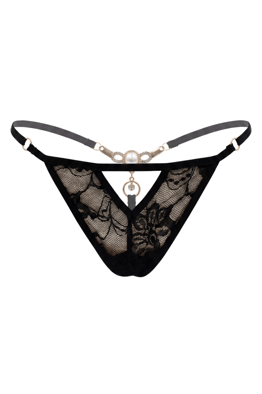 String noir avec bijou perle & strass dorés – Be Lily Panties | Voyage Sensuel