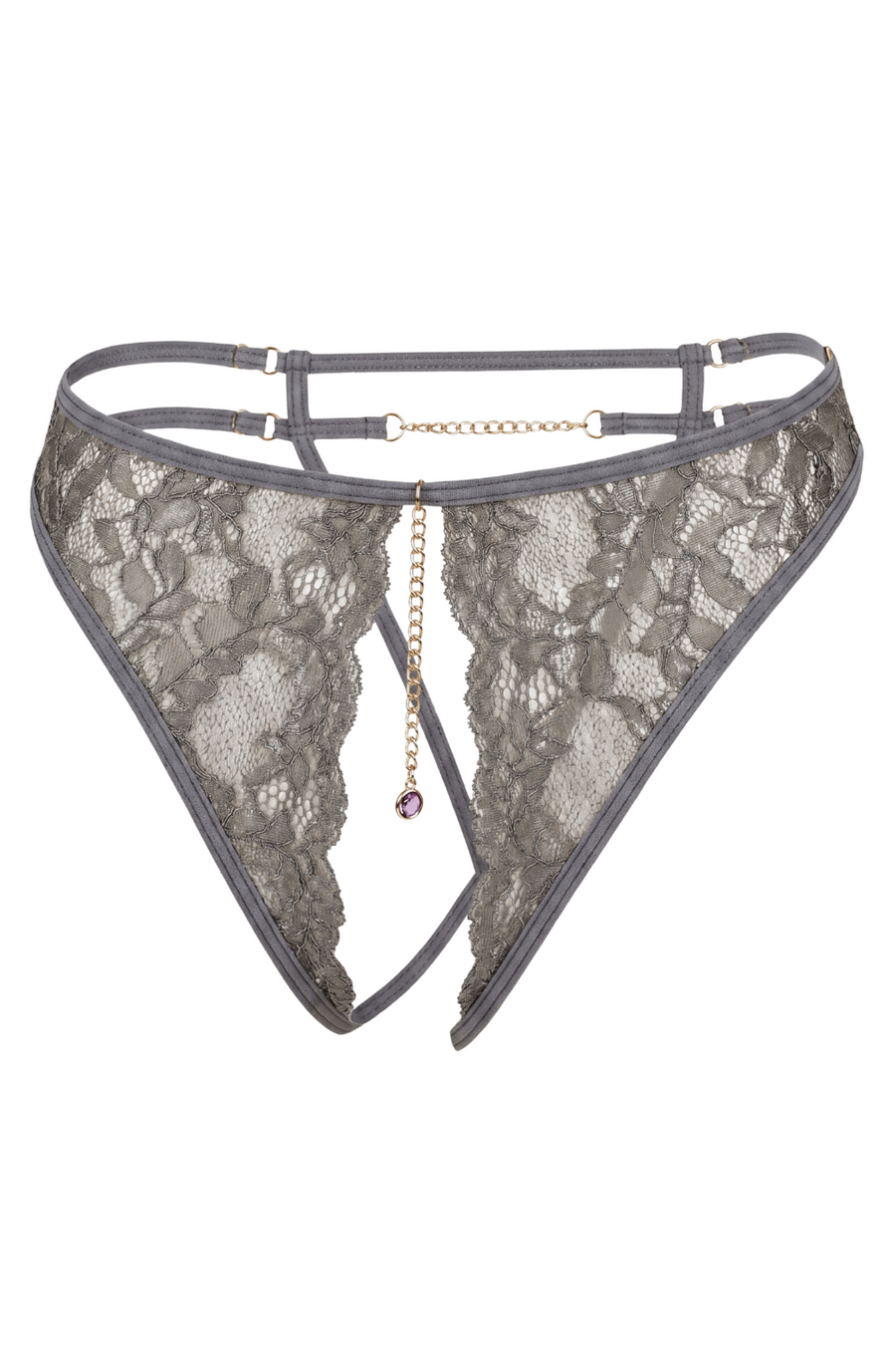 String gris avec bijou couleur aléatoire et chaîne dorée – Be Lily Panties | Voyage Sensuel