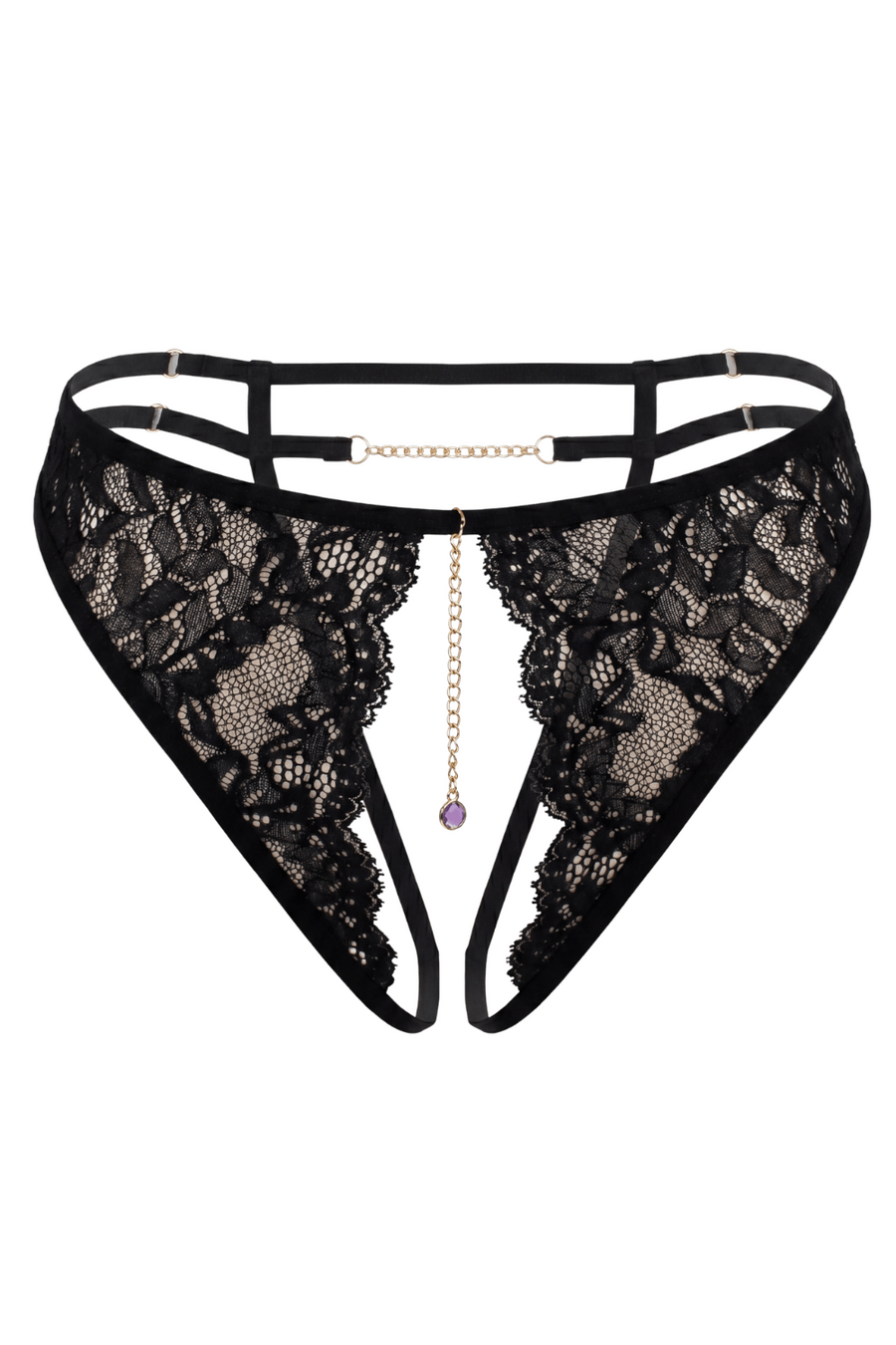 String noir avec bijou couleur aléatoire et chaîne dorée – Be Lily Panties | Voyage Sensuel