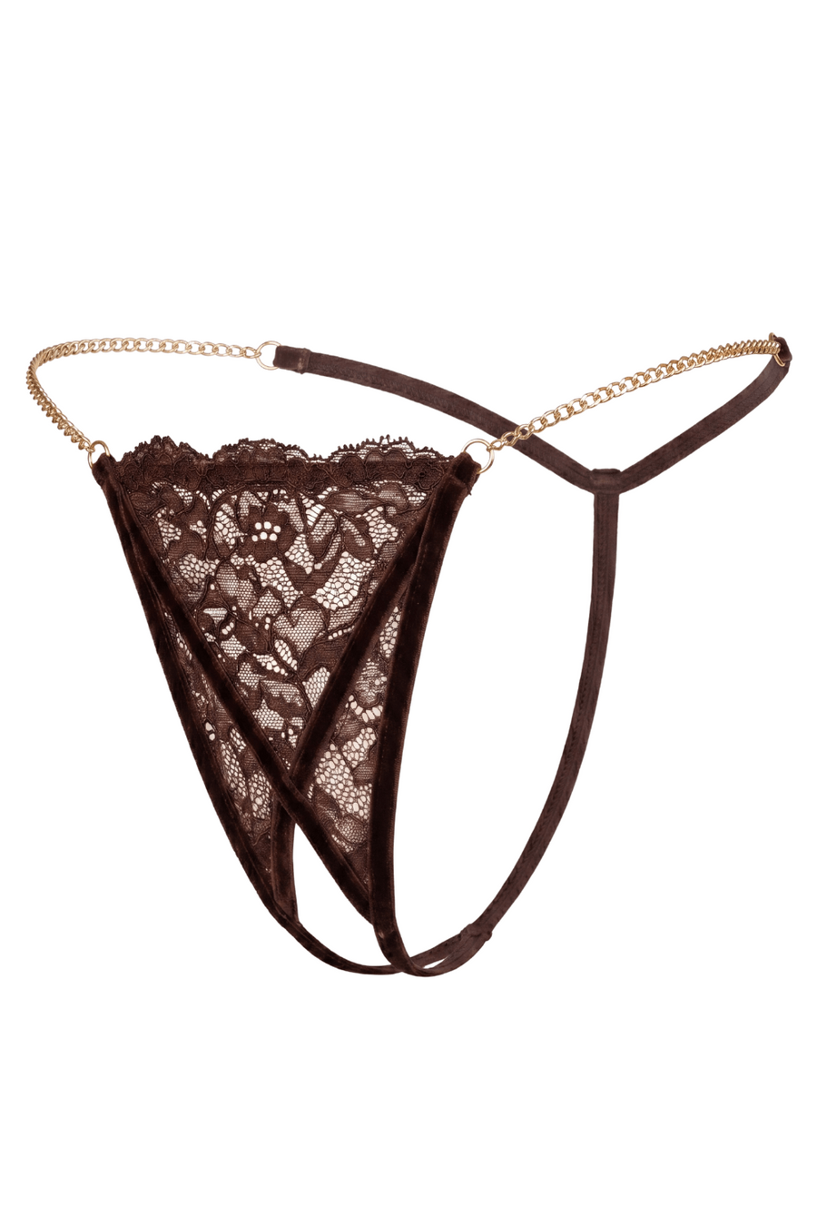 String en dentelle marron ouvert avec chaînes dorées – Be Lily Panties | Voyage Sensuel