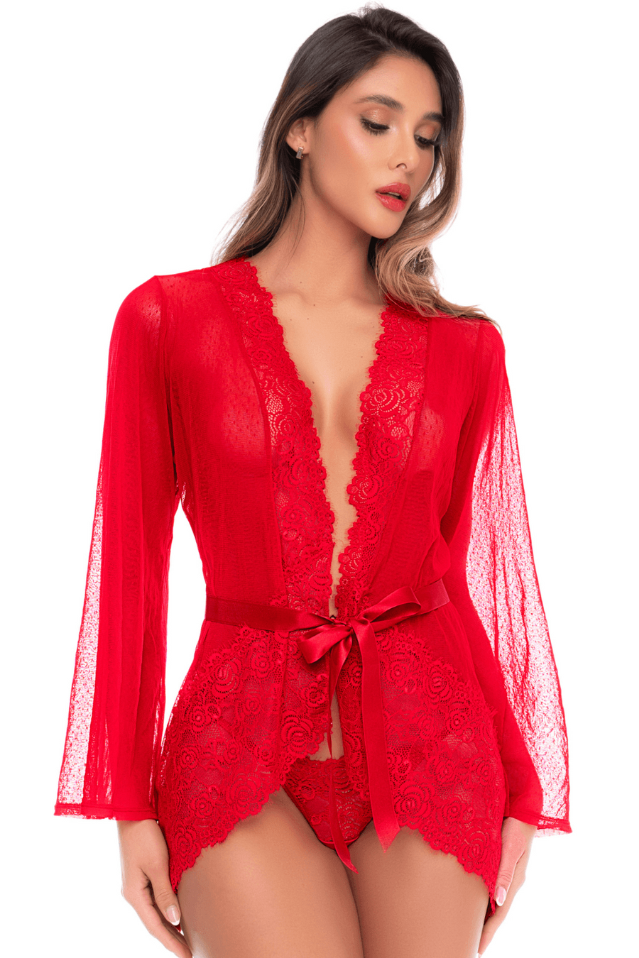 Peignoir transparent rouge en résille plumetis et dentelle avec string - Mapalé | Voyage Sensuel
