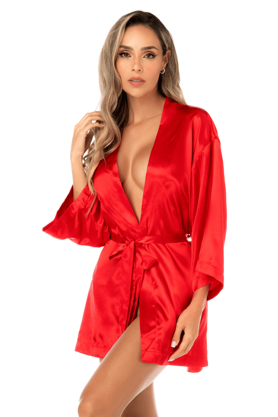 Peignoir court satiné rouge avec ceinture à nouer - Mapalé | Voyage Sensuel
