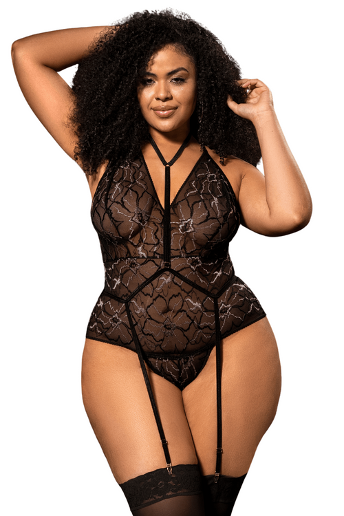 Body grande taille noir en dentelle florale avec harnais amovible - Mapalé