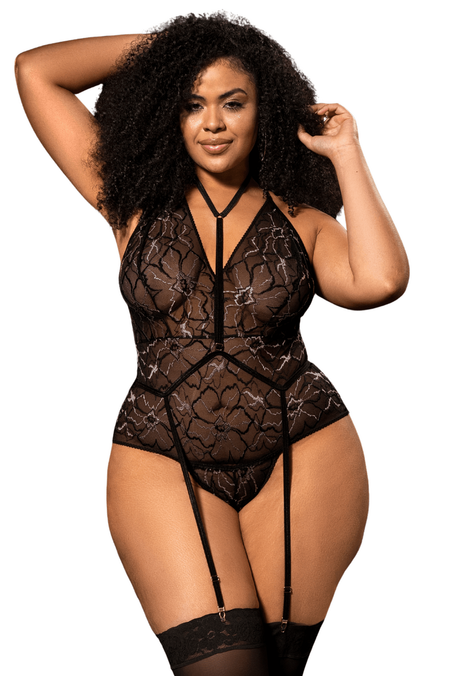 Body grande taille noir en dentelle florale avec harnais amovible - Mapalé | Voyage Sensuel