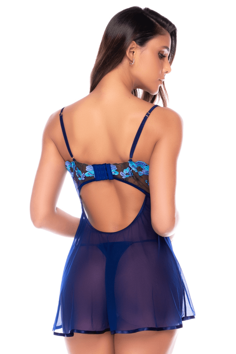 Nuisette transparente bleu poppy avec bonnets brodés, laçage et string - Mapalé | Voyage Sensuel
