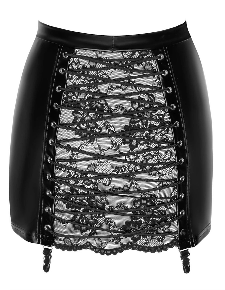 Mini-jupe en wetlook et dentelle à laçage – Noir – Noir Handmade | Voyage Sensuel