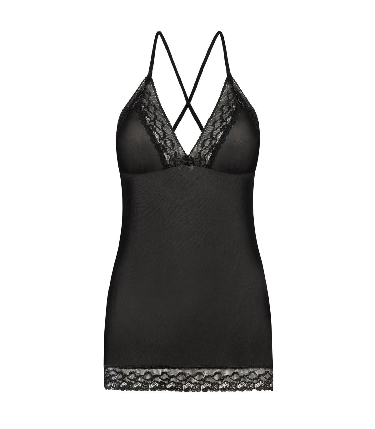 Nuisette noire en maille transparente et dentelle florale