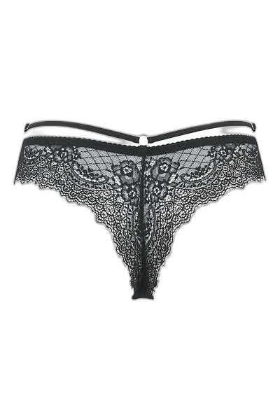 String noir V-10098 Axami : dentelle fleuri et double ceinture - 3 | Voyage Sensuel