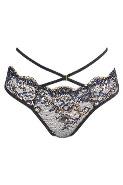 String Dentelle Noir Brodé Bleu & Or - Axami - 4 | Voyage Sensuel