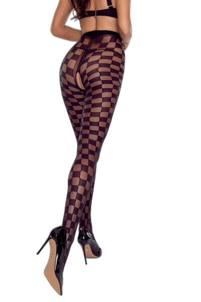 Collants ouverts noirs 20 deniers - Motif damier séduction - 3 | Voyage Sensuel