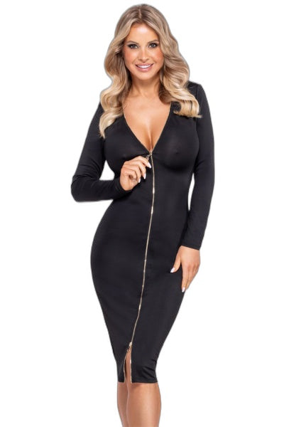 Robe Noire Midi Cotelli Party – Zip Doré Séduction - 1 | Voyage Sensuel