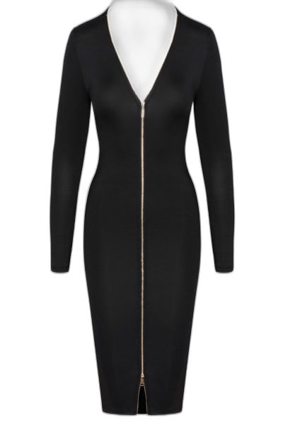 Robe Noire Midi Cotelli Party – Zip Doré Séduction - 2 | Voyage Sensuel