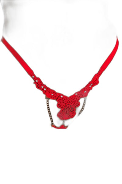String Ouvert Floral Rouge Litolu - Dentelle Brodée 3D - 1