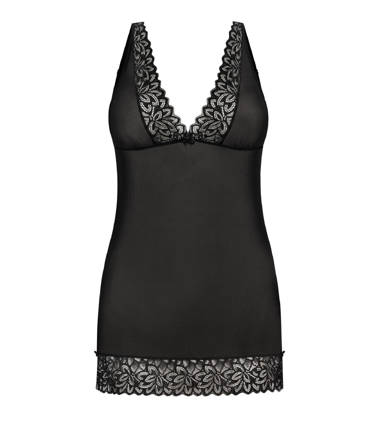 Nuisette noire en dentelle florale et résille transparente