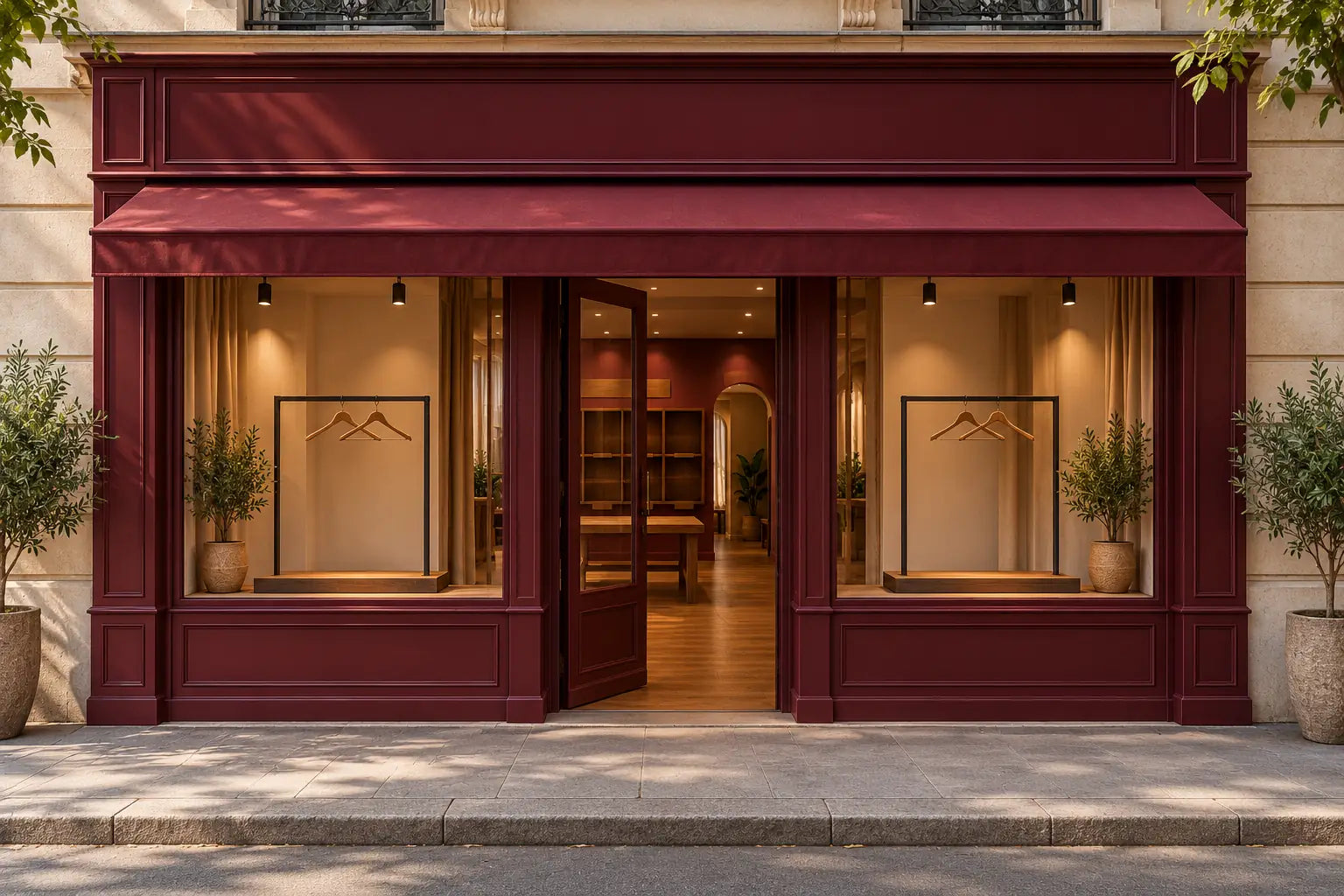Façade bordeaux de la boutique Voyage Sensuel, avec deux vitrines et une porte ouverte.