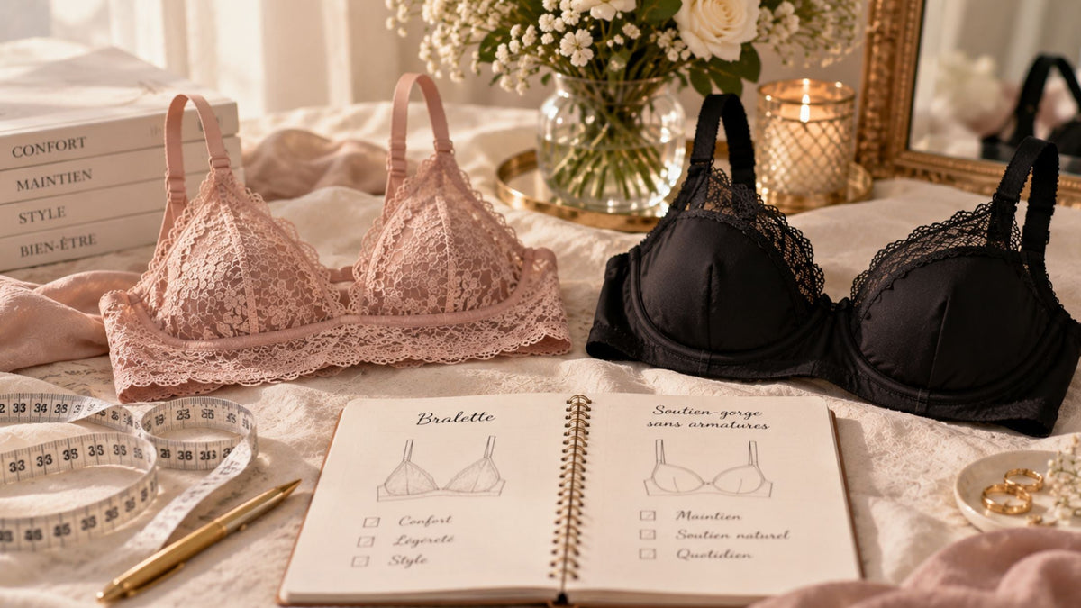Bralette rose en dentelle et soutien-gorge sans armatures noir comparés sur un lit avec mètre ruban et carnet