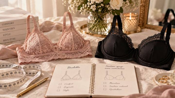 Bralette rose en dentelle et soutien-gorge sans armatures noir comparés sur un lit avec mètre ruban et carnet
