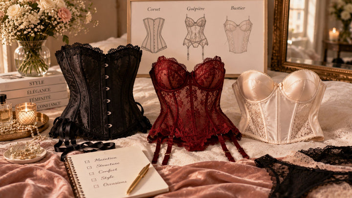 Corset noir, guêpière bordeaux en dentelle et bustier ivoire en satin présentés côte à côte sur un lit élégant